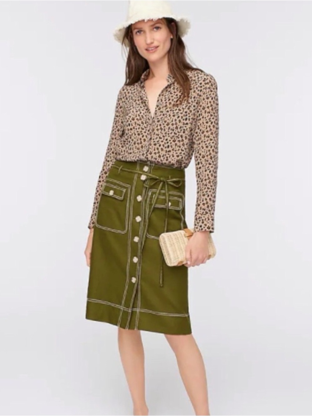 J.Crew Button-Front Stretch Linen Skirt | Olive Green | Size 4